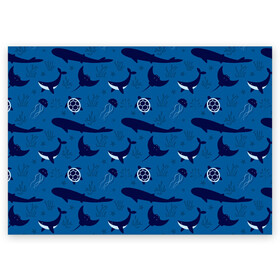 Поздравительная открытка с принтом Подводный мир в Белгороде, 100% бумага | плотность бумаги 280 г/м2, матовая, на обратной стороне линовка и место для марки
 | whale | акулы | кит | киты | медуза | медузы | море | морские | океан | паттерн | подводный | скаты | черепаха | черепахами