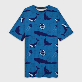 Платье-футболка 3D с принтом Подводный мир в Белгороде,  |  | whale | акулы | кит | киты | медуза | медузы | море | морские | океан | паттерн | подводный | скаты | черепаха | черепахами