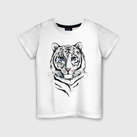 Детская футболка хлопок с принтом Белый тигр в Белгороде, 100% хлопок | круглый вырез горловины, полуприлегающий силуэт, длина до линии бедер | альфа | белый | дикие | дикий | животные | звери | зверь | кот | котик | крутой | полоски | принт | природа | самец | тигр | тигриныйкрасивый