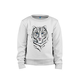 Детский свитшот хлопок с принтом Белый тигр в Белгороде, 100% хлопок | круглый вырез горловины, эластичные манжеты, пояс и воротник | альфа | белый | дикие | дикий | животные | звери | зверь | кот | котик | крутой | полоски | принт | природа | самец | тигр | тигриныйкрасивый