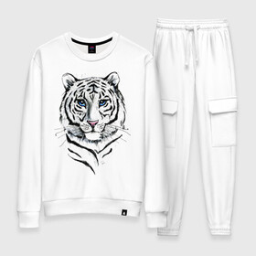 Женский костюм хлопок с принтом Белый тигр в Белгороде, 100% хлопок | на свитшоте круглая горловина, мягкая резинка по низу. Брюки заужены к низу, на них два вида карманов: два 
