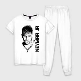 Женская пижама хлопок с принтом Neymar Jr черный портрет в Белгороде, 100% хлопок | брюки и футболка прямого кроя, без карманов, на брюках мягкая резинка на поясе и по низу штанин | brazil | champions | fifa | junior | neymar | neymar jr | paris saint germain | psg | uefa | бразилия | джуниор | младший | наймар | неймар | пари сен жермен | петух | псж | сборная бразилии | уефа | фифа | футбик | футбол 