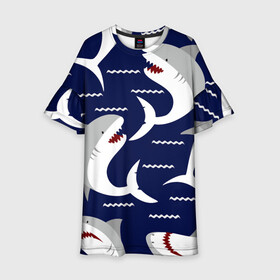 Детское платье 3D с принтом Акулы в Белгороде, 100% полиэстер | прямой силуэт, чуть расширенный к низу. Круглая горловина, на рукавах — воланы | Тематика изображения на принте: shark | акула | акуленок | акулы | жители | клыки | море | морские | океан | рыба | черные