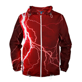Мужская ветровка 3D с принтом Red Lightning в Белгороде, 100% полиэстер | подол и капюшон оформлены резинкой с фиксаторами, два кармана без застежек по бокам, один потайной карман на груди | energy | fire | lightning | storm | thunder