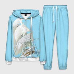 Мужской костюм 3D с принтом The white wanderer в Белгороде, 100% полиэстер | Манжеты и пояс оформлены тканевой резинкой, двухслойный капюшон со шнурком для регулировки, карманы спереди | Тематика изображения на принте: ocean | sea | ship | волны | океан | парусник