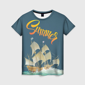 Женская футболка 3D с принтом Summer by the sea в Белгороде, 100% полиэфир ( синтетическое хлопкоподобное полотно) | прямой крой, круглый вырез горловины, длина до линии бедер | ocean | sea | ship | summer | волны | океан | парусник