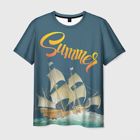 Мужская футболка 3D с принтом Summer by the sea в Белгороде, 100% полиэфир | прямой крой, круглый вырез горловины, длина до линии бедер | Тематика изображения на принте: ocean | sea | ship | summer | волны | океан | парусник