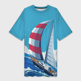 Платье-футболка 3D с принтом ПАРУСНИК В МОРЕ | SAILBOAT (Z) в Белгороде,  |  | boat | sailboat | ship | ships | в море | кораблик | кораблики | корабль | красный парус | лодка | лодочка на синем | люблю море | море | мореход | одинокая лодка | океан | оригами | парус | парусник | судно | яхта