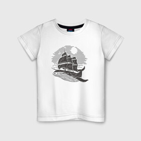 Детская футболка хлопок с принтом КИТ ФРЕГАТ WHALE FRIGATE (Z) в Белгороде, 100% хлопок | круглый вырез горловины, полуприлегающий силуэт, длина до линии бедер | boat | frigate | mastodon | rorqual | sailboat | ship | ships | whale | бумага | кит | китовый | кораблик | кораблики | корабль | левиафан | лодка | мастак | мастодонт | мореход | одинокая лодка | парусник | столп | судно | фрегат