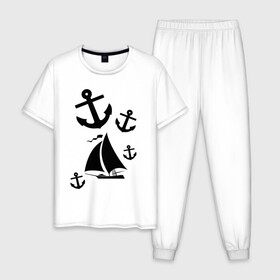 Мужская пижама хлопок с принтом Яхта в Белгороде, 100% хлопок | брюки и футболка прямого кроя, без карманов, на брюках мягкая резинка на поясе и по низу штанин
 | корабль | паруса | парусник | судно | якорь | яхта