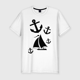 Мужская футболка хлопок Slim с принтом Яхта в Белгороде, 92% хлопок, 8% лайкра | приталенный силуэт, круглый вырез ворота, длина до линии бедра, короткий рукав | Тематика изображения на принте: корабль | паруса | парусник | судно | якорь | яхта