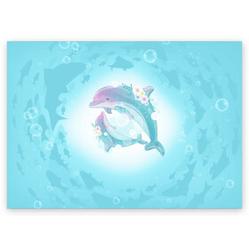 Поздравительная открытка с принтом Два дельфина в Белгороде, 100% бумага | плотность бумаги 280 г/м2, матовая, на обратной стороне линовка и место для марки
 | cute | dolphin | два дельфина | дельфин | дельфин в море | дельфинами | милый | мир | подводный