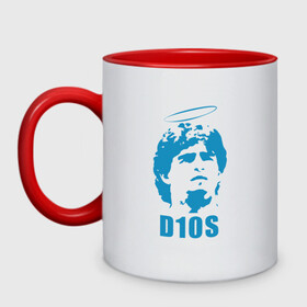 Кружка двухцветная с принтом Dios Maradona в Белгороде, керамика | объем — 330 мл, диаметр — 80 мм. Цветная ручка и кайма сверху, в некоторых цветах — вся внутренняя часть | argentina | maradona | messi | sport | аргентина | гол | диего | марадона | месси | мяч | рука бога | спорт | футбол | чемпион