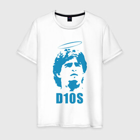 Мужская футболка хлопок с принтом Dios Maradona в Белгороде, 100% хлопок | прямой крой, круглый вырез горловины, длина до линии бедер, слегка спущенное плечо. | argentina | maradona | messi | sport | аргентина | гол | диего | марадона | месси | мяч | рука бога | спорт | футбол | чемпион