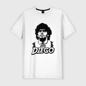 Мужская футболка хлопок Slim с принтом Dios Diego в Белгороде, 92% хлопок, 8% лайкра | приталенный силуэт, круглый вырез ворота, длина до линии бедра, короткий рукав | argentina | maradona | messi | sport | аргентина | гол | диего | марадона | месси | мяч | рука бога | спорт | футбол | чемпион