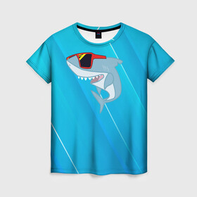 Женская футболка 3D с принтом Акула в очках в Белгороде, 100% полиэфир ( синтетическое хлопкоподобное полотно) | прямой крой, круглый вырез горловины, длина до линии бедер | shark | акула | акуленок | акулы | жители | клыки | море | морские | океан | очки | рыба | черные