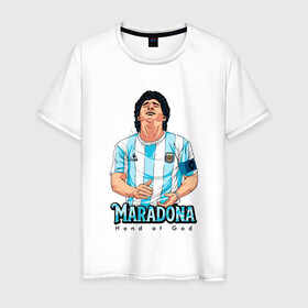 Мужская футболка хлопок с принтом Марадона - Рука Бога в Белгороде, 100% хлопок | прямой крой, круглый вырез горловины, длина до линии бедер, слегка спущенное плечо. | argentina | maradona | messi | sport | аргентина | гол | диего | марадона | месси | мяч | рука бога | спорт | футбол | чемпион