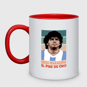 Кружка двухцветная с принтом Maradona - El Pibe De Oro в Белгороде, керамика | объем — 330 мл, диаметр — 80 мм. Цветная ручка и кайма сверху, в некоторых цветах — вся внутренняя часть | argentina | maradona | messi | sport | аргентина | гол | диего | марадона | месси | мяч | рука бога | спорт | футбол | чемпион