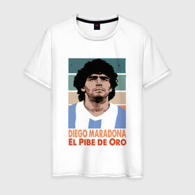 Мужская футболка хлопок с принтом Maradona - El Pibe De Oro в Белгороде, 100% хлопок | прямой крой, круглый вырез горловины, длина до линии бедер, слегка спущенное плечо. | argentina | maradona | messi | sport | аргентина | гол | диего | марадона | месси | мяч | рука бога | спорт | футбол | чемпион