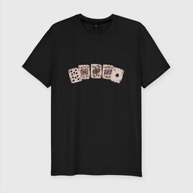Мужская футболка хлопок Slim с принтом Royal Flush Флеш Роял Покер в Белгороде, 92% хлопок, 8% лайкра | приталенный силуэт, круглый вырез ворота, длина до линии бедра, короткий рукав | Тематика изображения на принте: art | cards | casino | king | play cards | poker | retro | texas hold em | vintage | арт | валет | винтаж | дама | игральные карты | иллюстрация | казино | комбинация | король | ретро | старые карты | техасский холд | туз | флеш рояль