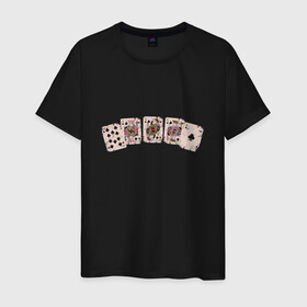 Мужская футболка хлопок с принтом Royal Flush Флеш Роял Покер в Белгороде, 100% хлопок | прямой крой, круглый вырез горловины, длина до линии бедер, слегка спущенное плечо. | art | cards | casino | king | play cards | poker | retro | texas hold em | vintage | арт | валет | винтаж | дама | игральные карты | иллюстрация | казино | комбинация | король | ретро | старые карты | техасский холд | туз | флеш рояль