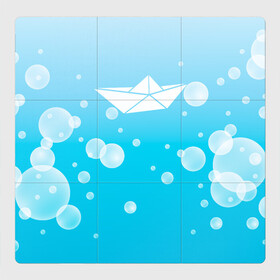 Магнитный плакат 3Х3 с принтом Бумажный кораблик в Белгороде, Полимерный материал с магнитным слоем | 9 деталей размером 9*9 см | Тематика изображения на принте: бумажный | кораблик | кораблики на синем | корабль | пузыри