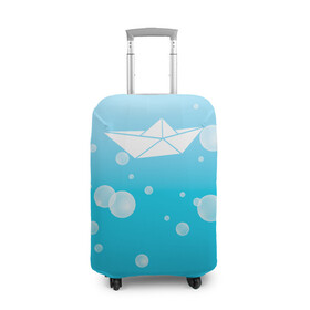Чехол для чемодана 3D с принтом Бумажный кораблик в Белгороде, 86% полиэфир, 14% спандекс | двустороннее нанесение принта, прорези для ручек и колес | бумажный | кораблик | кораблики на синем | корабль | пузыри