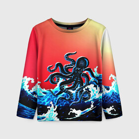 Детский лонгслив 3D с принтом Кракен в Море | Градиент в Белгороде, 100% полиэстер | длинные рукава, круглый вырез горловины, полуприлегающий силуэт
 | Тематика изображения на принте: animal | beast | fade | kraken | monster | moon | ocean | octopus | sea | water | waves | вода | волны | градиент | животные | звери | кракен | луна | монстр | море | океан | осьминог | рыбы | щупальца