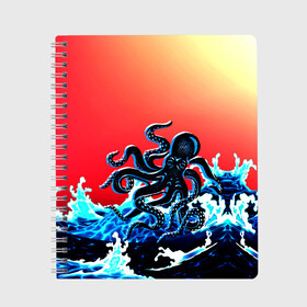 Тетрадь с принтом Кракен в Море | Градиент в Белгороде, 100% бумага | 48 листов, плотность листов — 60 г/м2, плотность картонной обложки — 250 г/м2. Листы скреплены сбоку удобной пружинной спиралью. Уголки страниц и обложки скругленные. Цвет линий — светло-серый
 | animal | beast | fade | kraken | monster | moon | ocean | octopus | sea | water | waves | вода | волны | градиент | животные | звери | кракен | луна | монстр | море | океан | осьминог | рыбы | щупальца