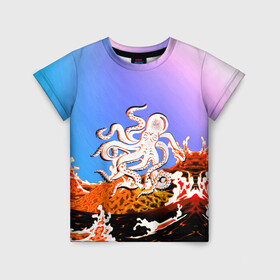 Детская футболка 3D с принтом Осьминог в Лаве | Градиент в Белгороде, 100% гипоаллергенный полиэфир | прямой крой, круглый вырез горловины, длина до линии бедер, чуть спущенное плечо, ткань немного тянется | Тематика изображения на принте: animal | beast | fade | kraken | monster | moon | ocean | octopus | sea | water | waves | вода | волны | градиент | животные | звери | кракен | лава | луна | монстр | море | небо | огонь | океан | осьминог | рыбы | щупальца