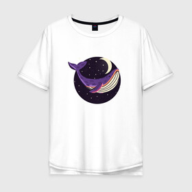 Мужская футболка хлопок Oversize с принтом Кит, звезды и луна в Белгороде, 100% хлопок | свободный крой, круглый ворот, “спинка” длиннее передней части | Тематика изображения на принте: whale | звезда | звезды | кит | киты | луна | ночь