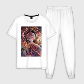 Мужская пижама хлопок с принтом Tartaglia fan art в Белгороде, 100% хлопок | брюки и футболка прямого кроя, без карманов, на брюках мягкая резинка на поясе и по низу штанин
 | art | fanart | game | genshin | impact | tartaglia | арт | тарталья | фан