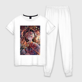 Женская пижама хлопок с принтом Tartaglia fan art в Белгороде, 100% хлопок | брюки и футболка прямого кроя, без карманов, на брюках мягкая резинка на поясе и по низу штанин | art | fanart | game | genshin | impact | tartaglia | арт | тарталья | фан