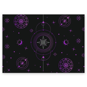 Поздравительная открытка с принтом Астрология в Белгороде, 100% бумага | плотность бумаги 280 г/м2, матовая, на обратной стороне линовка и место для марки
 | астрология | глаз | гороскоп | звезды | лавандовый | лиловый | луна | оккультный глаз | пиктограмма | пиктограммы | руны | солнце | фиолетовый | черный и золотой | эзотерика