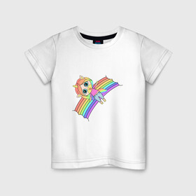 Детская футболка хлопок с принтом Единорожка на радуге в Белгороде, 100% хлопок | круглый вырез горловины, полуприлегающий силуэт, длина до линии бедер | rainbow | unicorn | единорог | единорожка | радуга | яркая радуга | яркий принт