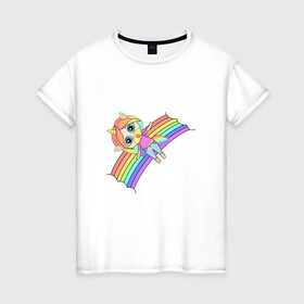 Женская футболка хлопок с принтом Единорожка на радуге в Белгороде, 100% хлопок | прямой крой, круглый вырез горловины, длина до линии бедер, слегка спущенное плечо | rainbow | unicorn | единорог | единорожка | радуга | яркая радуга | яркий принт