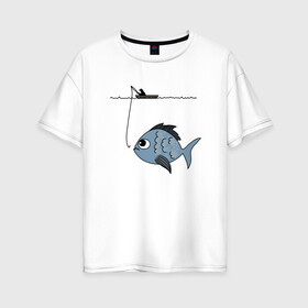 Женская футболка хлопок Oversize с принтом Огромный улов в Белгороде, 100% хлопок | свободный крой, круглый ворот, спущенный рукав, длина до линии бедер
 | крючок | лодка | рыба | рыбак | рыбалка | удочка