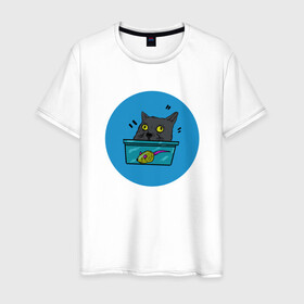 Мужская футболка хлопок с принтом Упоротый кот в Белгороде, 100% хлопок | прямой крой, круглый вырез горловины, длина до линии бедер, слегка спущенное плечо. | Тематика изображения на принте: кот | котэ | мышка | усатый | шерстяной