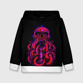 Детская толстовка 3D с принтом Череп Осьминог Octopus Skull в Белгороде, 100% полиэстер | двухслойный капюшон со шнурком для регулировки, мягкие манжеты на рукавах и по низу толстовки, спереди карман-кенгуру с мягким внутренним слоем | Тематика изображения на принте: animal | beast | kraken | monster | ocean | octopus | sea | skull | water | waves | вода | животные | звери | кракен | монстр | море | океан | осьминог | рыбы | череп | щупальца