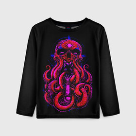 Детский лонгслив 3D с принтом Череп Осьминог Octopus Skull в Белгороде, 100% полиэстер | длинные рукава, круглый вырез горловины, полуприлегающий силуэт
 | Тематика изображения на принте: animal | beast | kraken | monster | ocean | octopus | sea | skull | water | waves | вода | животные | звери | кракен | монстр | море | океан | осьминог | рыбы | череп | щупальца