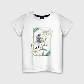 Детская футболка хлопок с принтом Венти и Сессилии в Белгороде, 100% хлопок | круглый вырез горловины, полуприлегающий силуэт, длина до линии бедер | арт | архонт ветра | барбатос | белая лилия | белые лилии | белые цветы | белый цветок | бог ветра | венти | дух ветра | лилии | лилия | милый парень | рисунок | сессилия