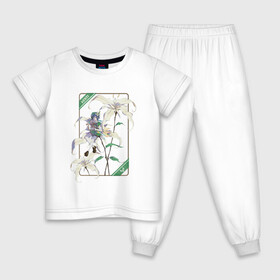 Детская пижама хлопок с принтом Венти и Сессилии в Белгороде, 100% хлопок |  брюки и футболка прямого кроя, без карманов, на брюках мягкая резинка на поясе и по низу штанин
 | Тематика изображения на принте: арт | архонт ветра | барбатос | белая лилия | белые лилии | белые цветы | белый цветок | бог ветра | венти | дух ветра | лилии | лилия | милый парень | рисунок | сессилия