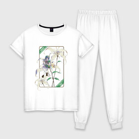 Женская пижама хлопок с принтом Венти и Сессилии в Белгороде, 100% хлопок | брюки и футболка прямого кроя, без карманов, на брюках мягкая резинка на поясе и по низу штанин | арт | архонт ветра | барбатос | белая лилия | белые лилии | белые цветы | белый цветок | бог ветра | венти | дух ветра | лилии | лилия | милый парень | рисунок | сессилия