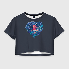 Женская футболка Crop-top 3D с принтом Ocean heart. Totoro в Белгороде, 100% полиэстер | круглая горловина, длина футболки до линии талии, рукава с отворотами | catbus | fish | heart | kanta | kusakabe | mei | ocean | ogaki | satsuki | surf | susuvatari | tatsuo | totoro | water | waves | yasuko | вода | волны | канта | котобус | кусакабэ | море | мэй | огаки | океан | прибой | рыба | сацуки | сердце | сусуватари