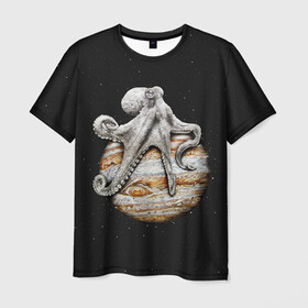 Мужская футболка 3D с принтом Planetary Octopus в Белгороде, 100% полиэфир | прямой крой, круглый вырез горловины, длина до линии бедер | Тематика изображения на принте: galaxy | jupiter | octopus | planet | space | stars | stellar | sun | system | галактика | звездная | звезды | космос | осьминог | планета | система | солнце | юпитер