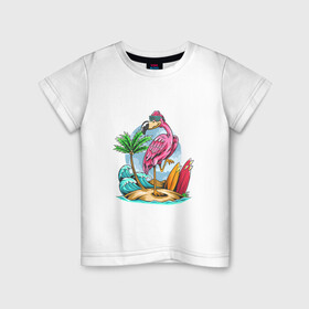Детская футболка хлопок с принтом Отдыхаю как фламинго в Белгороде, 100% хлопок | круглый вырез горловины, полуприлегающий силуэт, длина до линии бедер | море | океан | отдых | отпуск | пальмы | путешествие | серфинг | фламинго