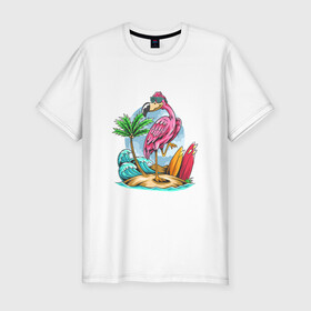 Мужская футболка хлопок Slim с принтом Отдыхаю как фламинго в Белгороде, 92% хлопок, 8% лайкра | приталенный силуэт, круглый вырез ворота, длина до линии бедра, короткий рукав | море | океан | отдых | отпуск | пальмы | путешествие | серфинг | фламинго