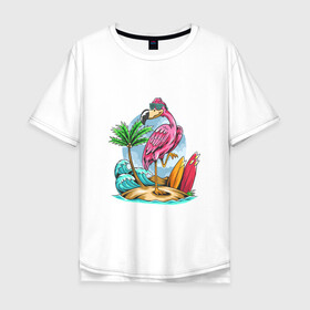 Мужская футболка хлопок Oversize с принтом Отдыхаю как фламинго в Белгороде, 100% хлопок | свободный крой, круглый ворот, “спинка” длиннее передней части | Тематика изображения на принте: море | океан | отдых | отпуск | пальмы | путешествие | серфинг | фламинго
