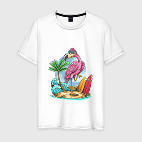 Мужская футболка хлопок с принтом Отдыхаю как фламинго в Белгороде, 100% хлопок | прямой крой, круглый вырез горловины, длина до линии бедер, слегка спущенное плечо. | Тематика изображения на принте: море | океан | отдых | отпуск | пальмы | путешествие | серфинг | фламинго