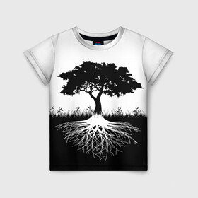 Детская футболка 3D с принтом ДЕРЕВО ИНЬ-ЯНЬ в Белгороде, 100% гипоаллергенный полиэфир | прямой крой, круглый вырез горловины, длина до линии бедер, чуть спущенное плечо, ткань немного тянется | blackwhite | evil | tree | дерево | добро | зло | инь янь | корни | лес | листья | природа | саванна | узор | черно белое